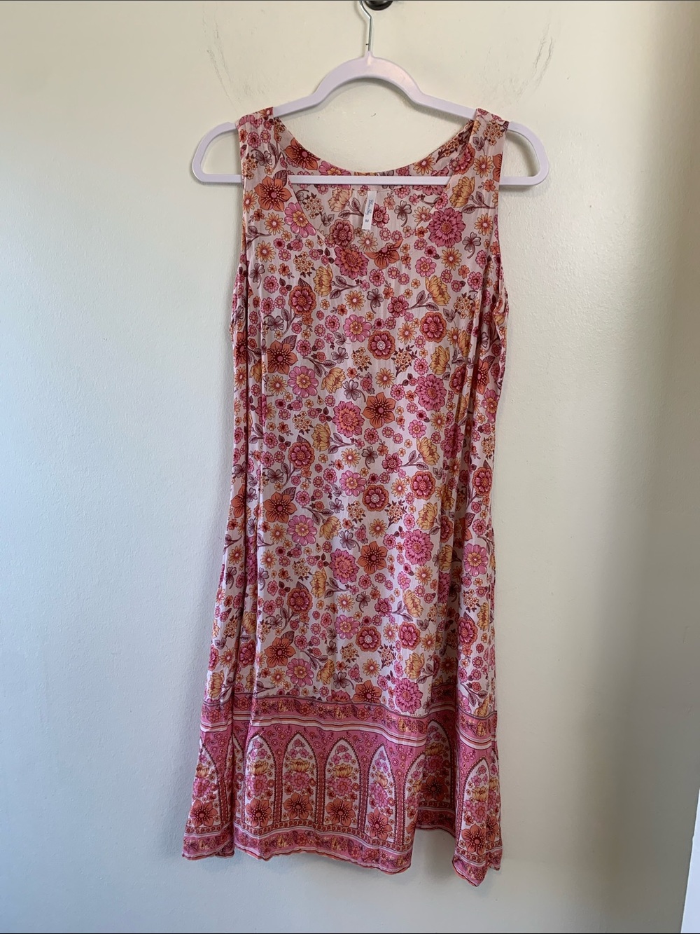 Blue Sky Pink & Peach Floral Border Sundress, Back Tie, Pockets, Lightweight